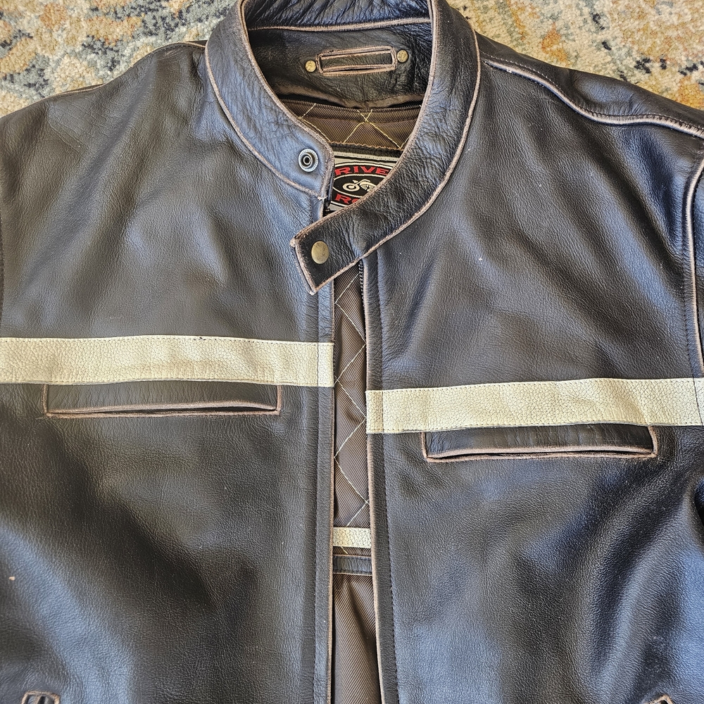 Men's River Road Black Leather Motorcycle Jacket with Cream Stripe